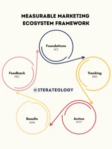 Measurable Marketing Ecosystem Workshop - The Measurable Marketing Ecosystem Framework, developed by Ashley Clayton of Iterateology. Five cycle circles sit in a cycle of their own, each with their supporting frameworks for each section of the main framework - Foundations, Tracking, Action, Results, and Feedback.
