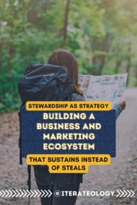 Backpacker reading a map on a forest trail, symbolizing stewardship as strategy in building a business and marketing ecosystem that sustains instead of steals.
