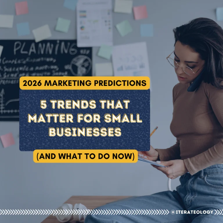 A coach planning her 2026 marketing strategy at her desk with notes and a chalkboard behind her. Text overlay reads: 2026 Marketing Predictions — 5 Trends That Matter for Small Businesses (and What to Do Now)
