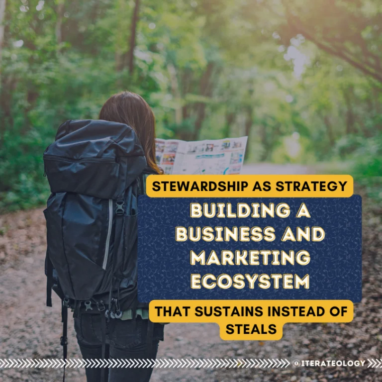 Backpacker reading a map on a forest trail, symbolizing stewardship as strategy in building a business and marketing ecosystem that sustains instead of steals.