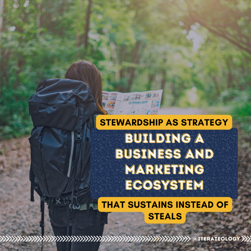 Backpacker reading a map on a forest trail, symbolizing stewardship as strategy in building a business and marketing ecosystem that sustains instead of steals.