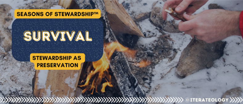 Seasons of Stewardship™ — Survival (Stewardship as Preservation) banner with winter campfire; simplify, pause non-essentials, regain stability.
